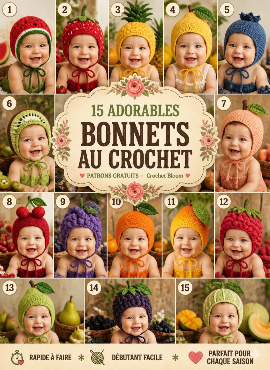 Catalogue de 15 adorables designs de bonnets bébé au crochet sur le thème des fruits.