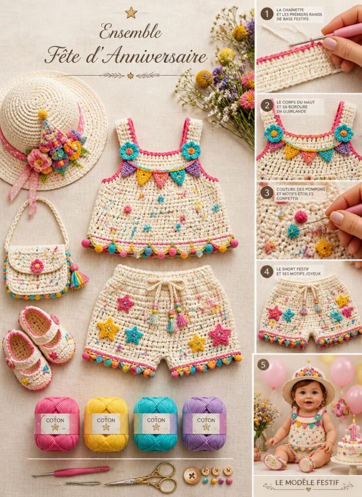 Ensemble haut et short bébé au crochet festif pour anniversaire