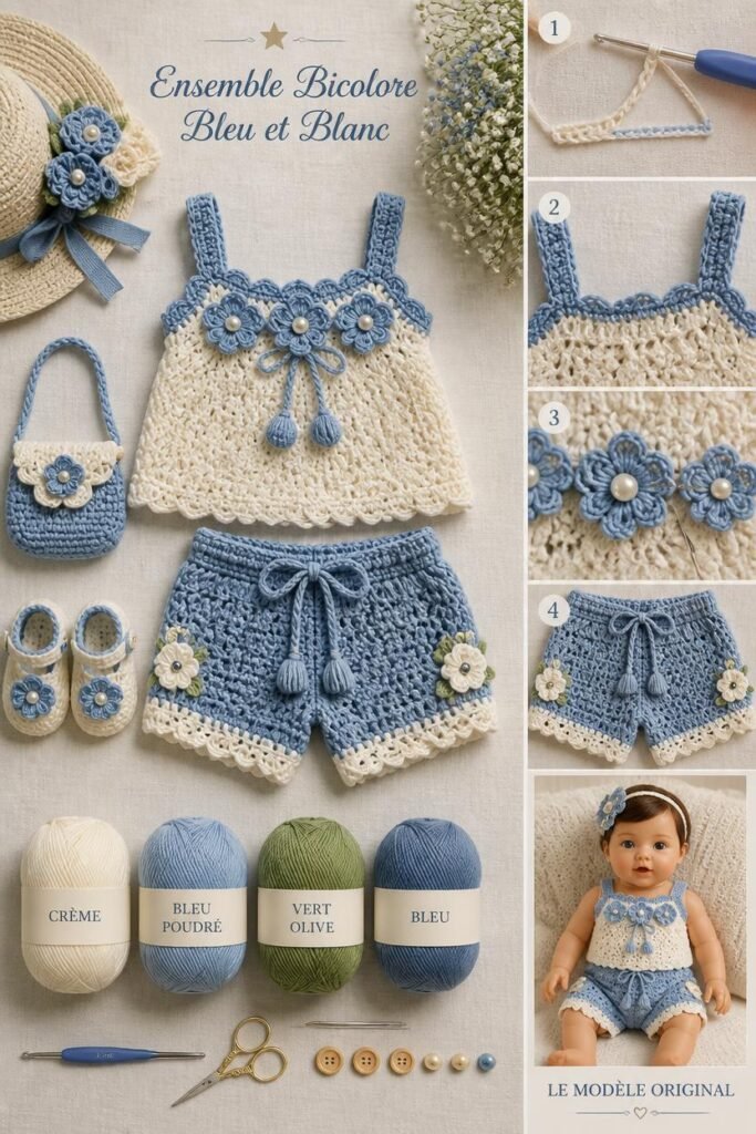 Ensemble haut et short bébé au crochet bicolore bleu et blanc avec fleurs et nœud