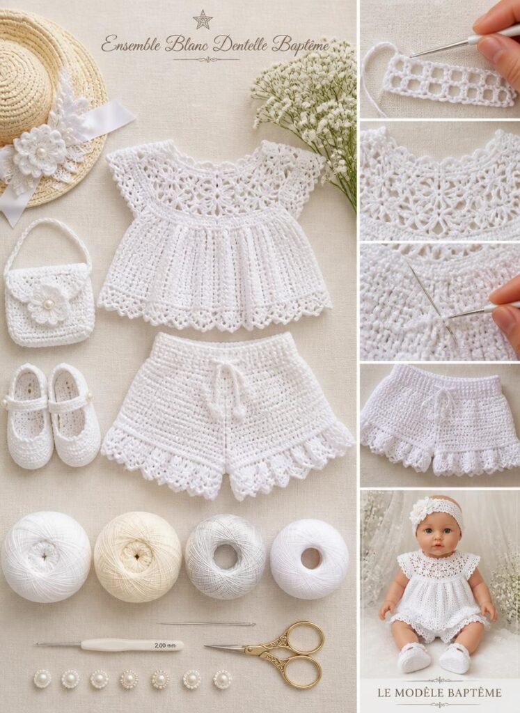 Ensemble haut et short bébé au crochet blanc dentelle pour baptême