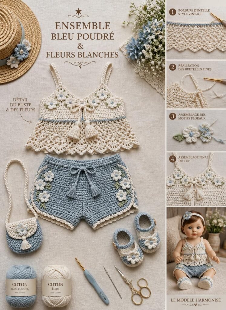 Ensemble haut et short bébé au crochet bleu poudré avec fleurs blanches et tutoriel pas à pas