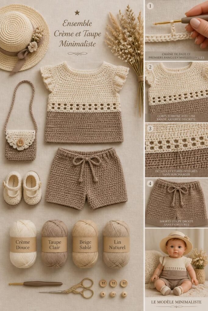 Ensemble haut et short bébé au crochet crème et taupe minimaliste