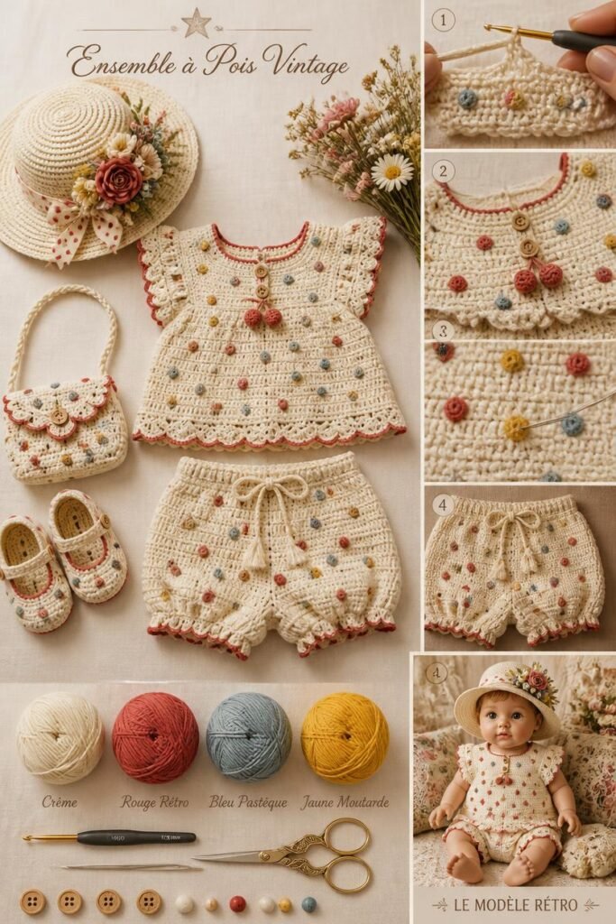 Ensemble haut et short bébé au crochet à pois style vintage