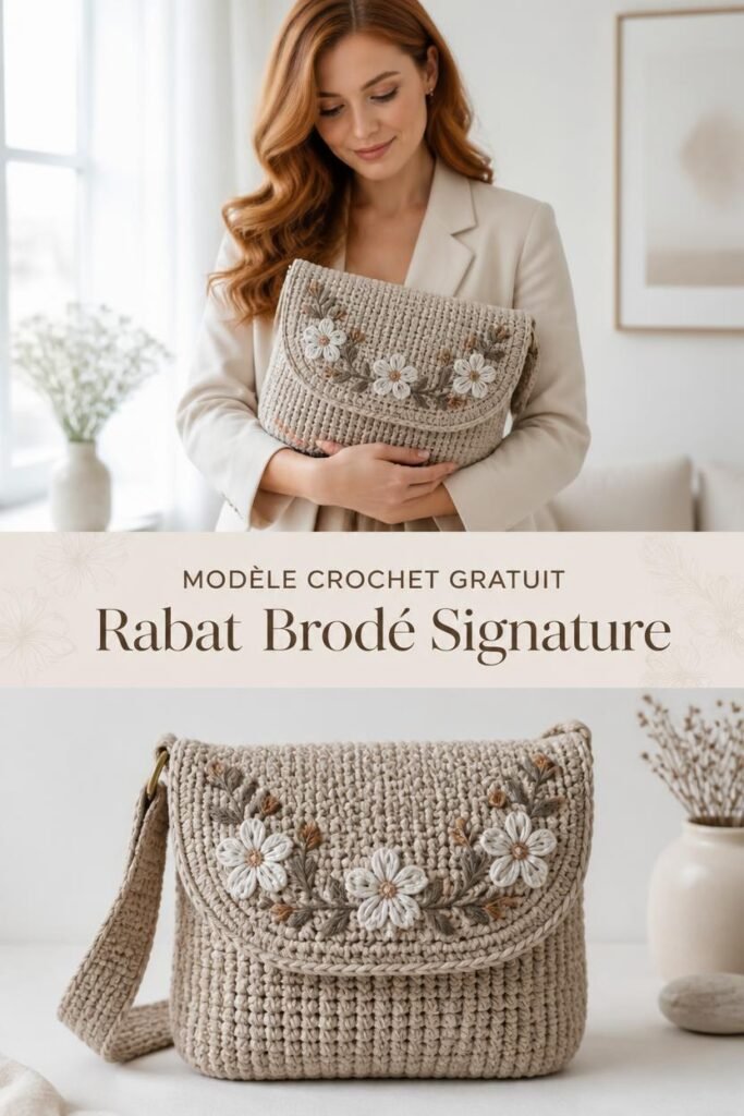 Cabas crochet rabat brodé signature, sac de luxe fait main