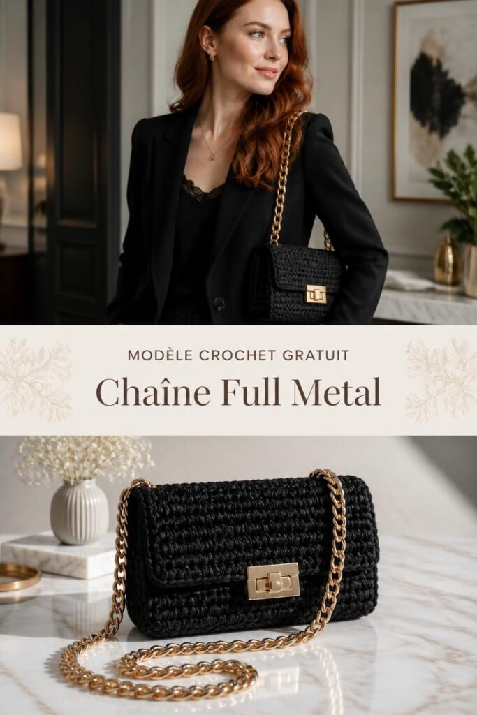 Sac noir en crochet avec chaîne épaisse full metal style glamour