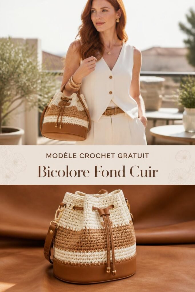Sac seau en crochet bicolore avec fond en cuir de luxe, accessoire mode fait main