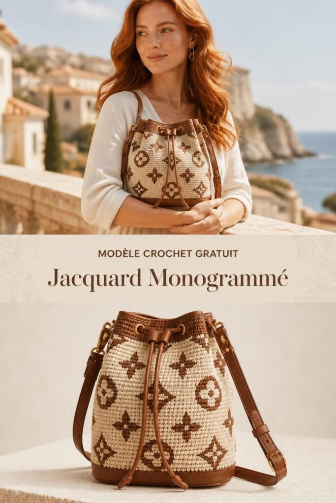 Sac crochet jacquard monogramme, sac de luxe artisanal tissé main